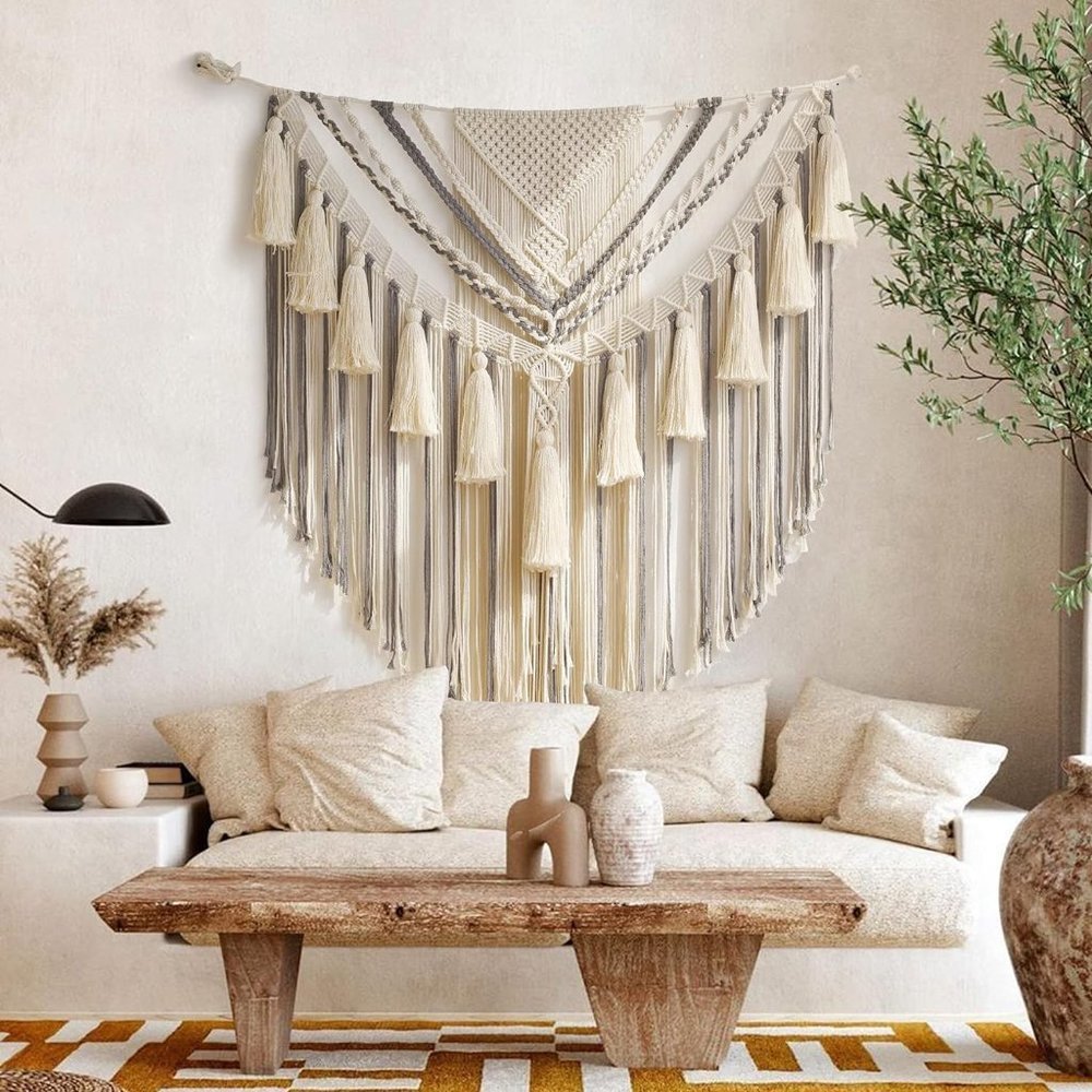 Boho Macrame Woven Handmade Craft Mid Century Modern Hanging Tassel Wall Decor - Picture 4 of 8